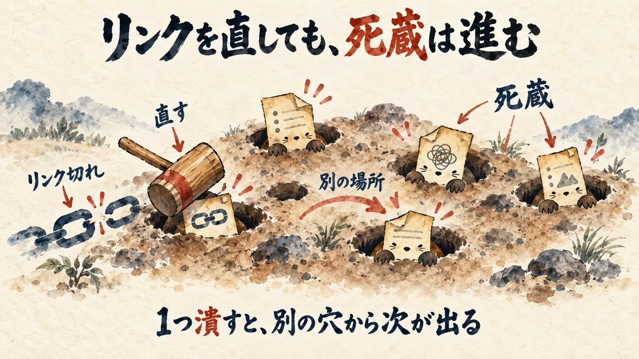リンクを直しても、別の穴から死蔵メモが次々に出てくるもぐらたたきの図解