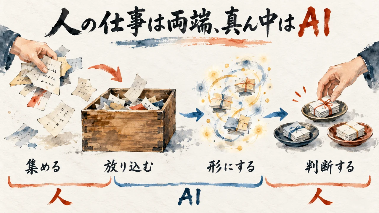 人の仕事は集めると判断するの両端、放り込んで形にする真ん中はAIという分担の図解