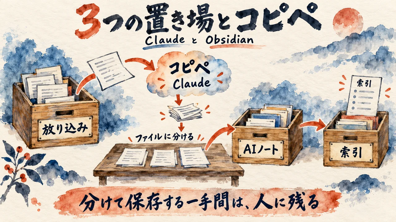 放り込み・AIノート・索引の三つの置き場と、コピペでファイルに分ける流れの図解