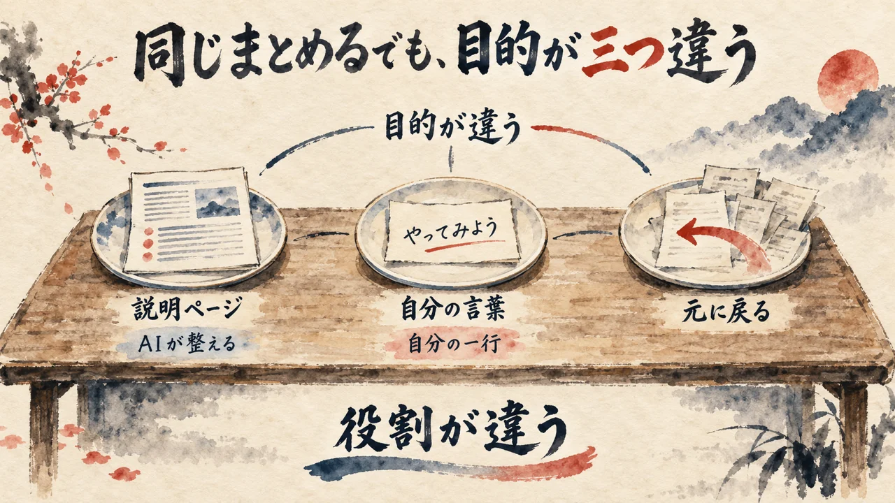 説明ページ・自分の言葉・元に戻る、同じまとめでも目的が三つ違うことを三枚の皿で示した図解