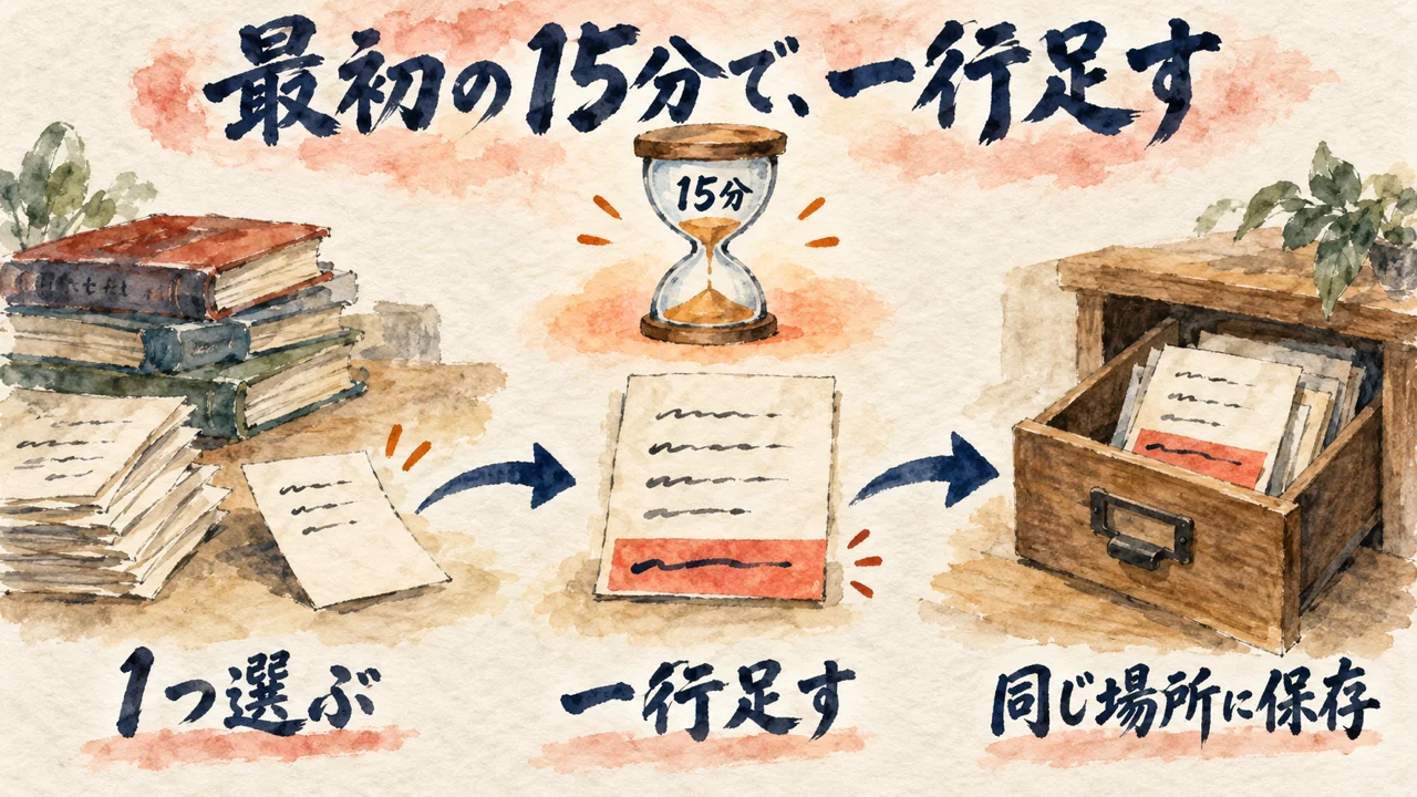 最初の15分で、積んである読み物を1つ選び、一行足して同じ場所に保存する流れの図解