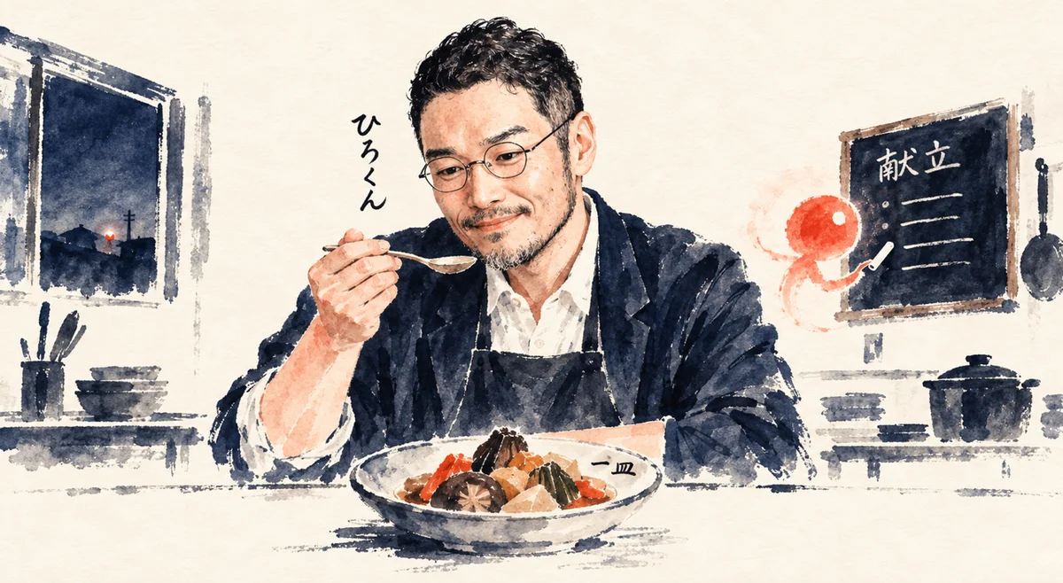 閉店後の厨房で、光の玉のAI秘書が黒板に献立を書き、ひろくんが一皿の煮物の前で味見をするコラム図解