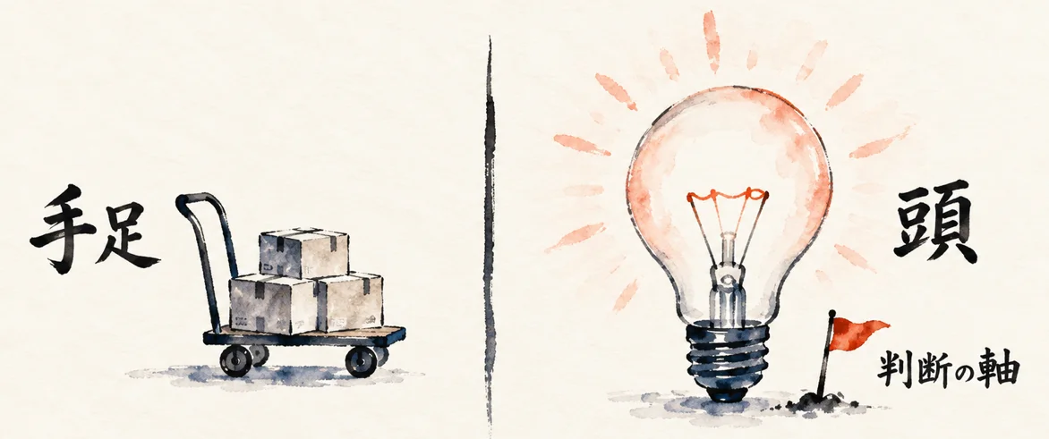荷物を運ぶ手押し車の「手足」と、灯りのともった電球の「頭」を並べ、電球の根元に朱色の「判断の軸」の旗を立てた対比の図解