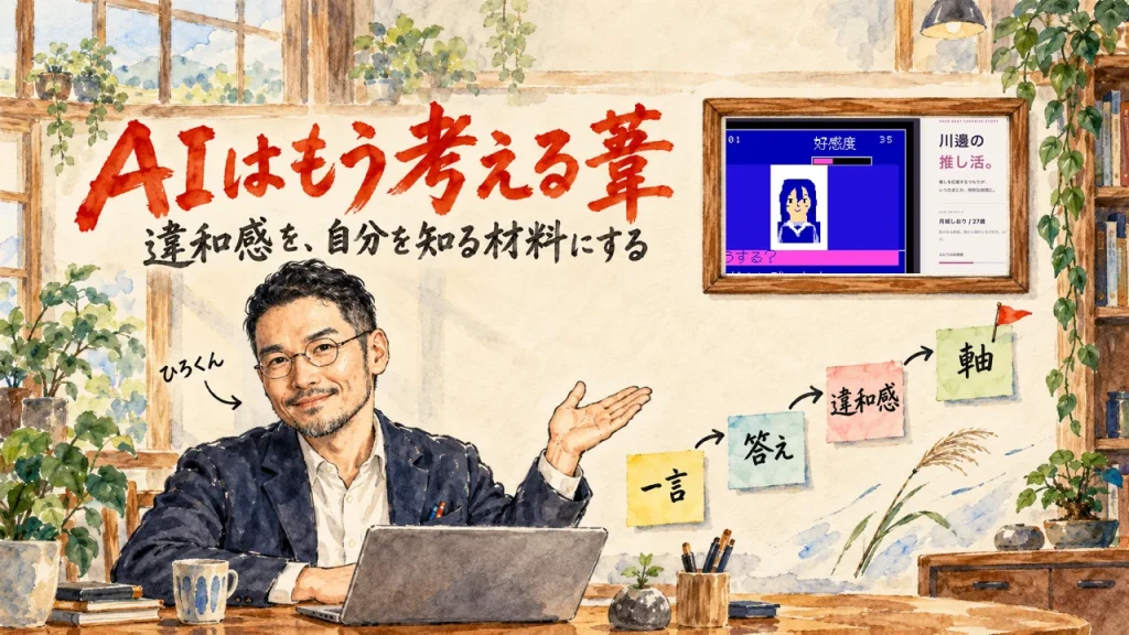 AIにたった一言で頼むと、思いもしない題材が出てくる。一言・答え・違和感・軸の4枚の付箋を、ひろくんが紹介するアイキャッチ