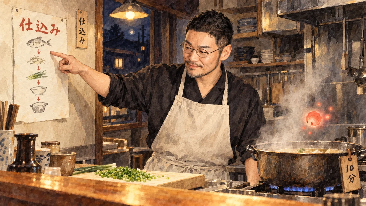 夜の定食屋の調理場で、ひろくんが鍋を見ながら壁の「仕込み」の貼り紙を指さし、朱色の光の粒が鍋を覗き込んでいる図解