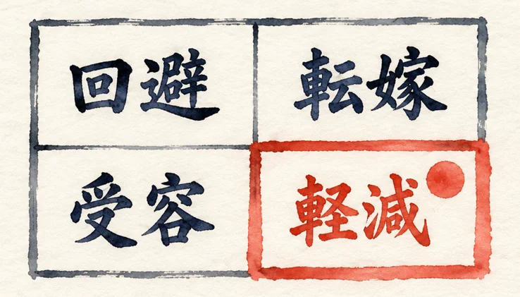 回避・転嫁・受容・軽減の4つのマスのうち、「軽減」だけが朱色で強調された図解