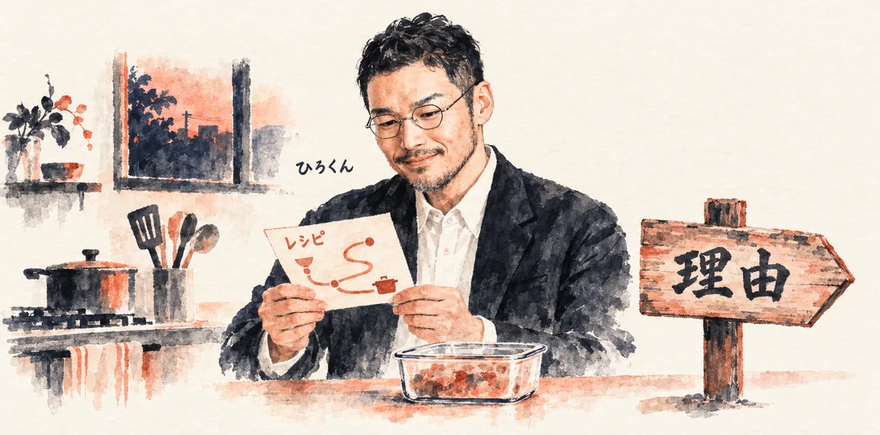 夕方の台所で、レシピカードを見るひろくんと、「理由」と書かれた道ばたの標識の札のコラム図解