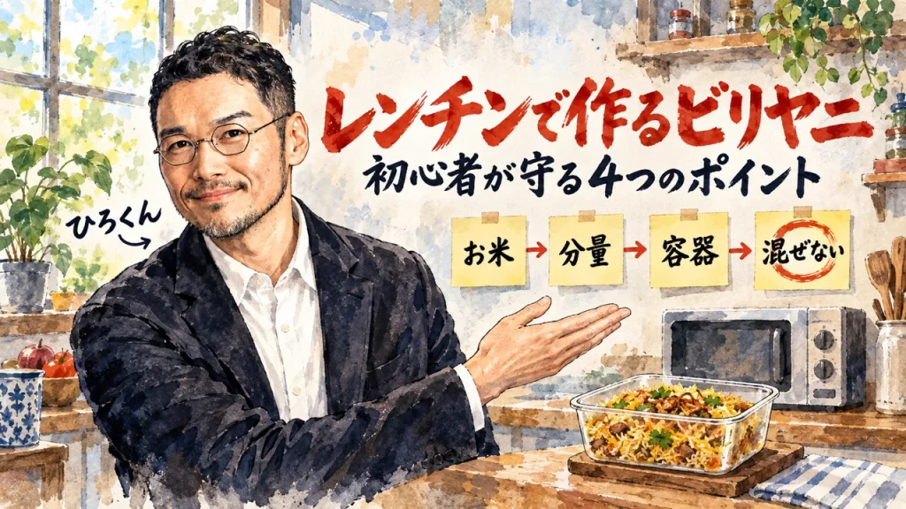レンチンで作るビリヤニ。初心者が守る4つのポイント「お米」「分量」「容器」「混ぜない」の付箋を、ひろくんが紹介するアイキャッチ