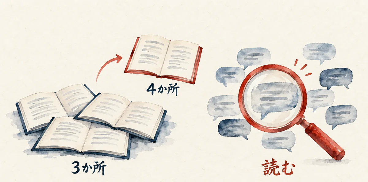 3冊の帳面に4冊目を足す机と、吹き出しを虫眼鏡で読む様子を比べる図解