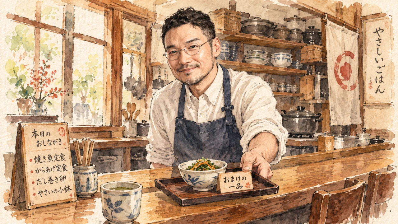 小さな食堂のカウンターで、エプロン姿のひろくんが、おまけの一品の小鉢をお盆に載せてそっと差し出している情景。手前に本日のおしながきの立て札と湯呑み
