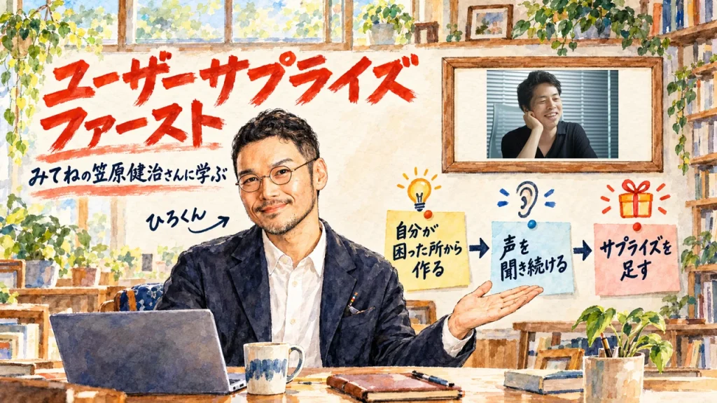 ユーザーサプライズファースト。みてねの笠原健治さんに学ぶ。自分が困った所から作る、声を聞き続ける、サプライズを足す、の3枚の付箋。右上の額縁に、元記事の笠原さんの写真
