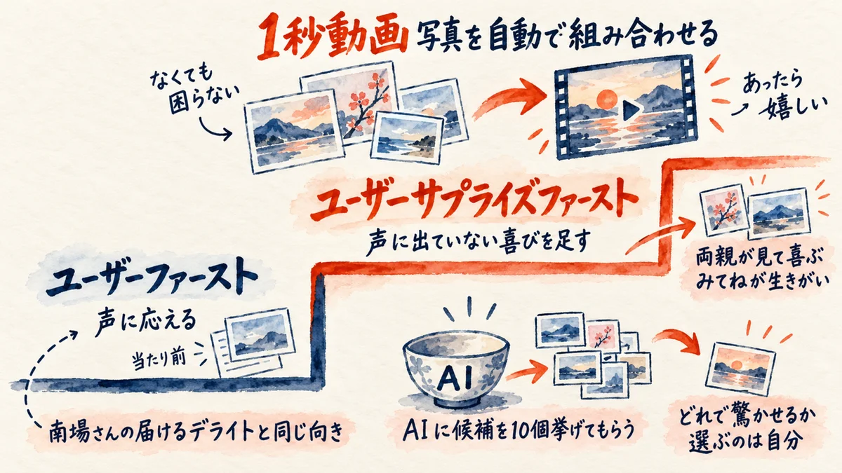 ユーザーファーストは声に応えること、ユーザーサプライズファーストは声に出ていない喜びを足すこと。写真を自動で組み合わせる1秒動画は、なくても困らないがあったら嬉しい例で、両親がみてねが生きがいと言う。AIに候補を10個挙げてもらい、どれで驚かせるかを選ぶのは自分、の図解