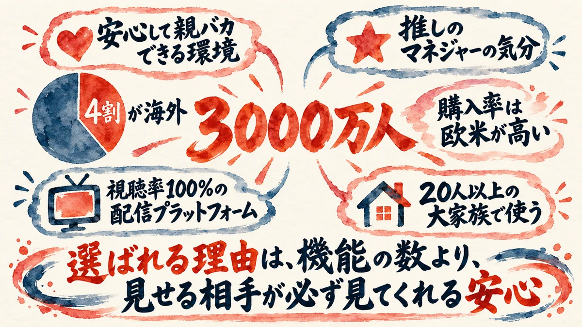 みてねのユーザー3000万人、その4割が海外。安心して親バカできる環境、推しのマネジャーの気分、視聴率100％の配信プラットフォーム、20人以上の大家族で使う、購入率は欧米が高い、の図解。選ばれる理由は機能の数より、見せる相手が必ず見てくれる安心