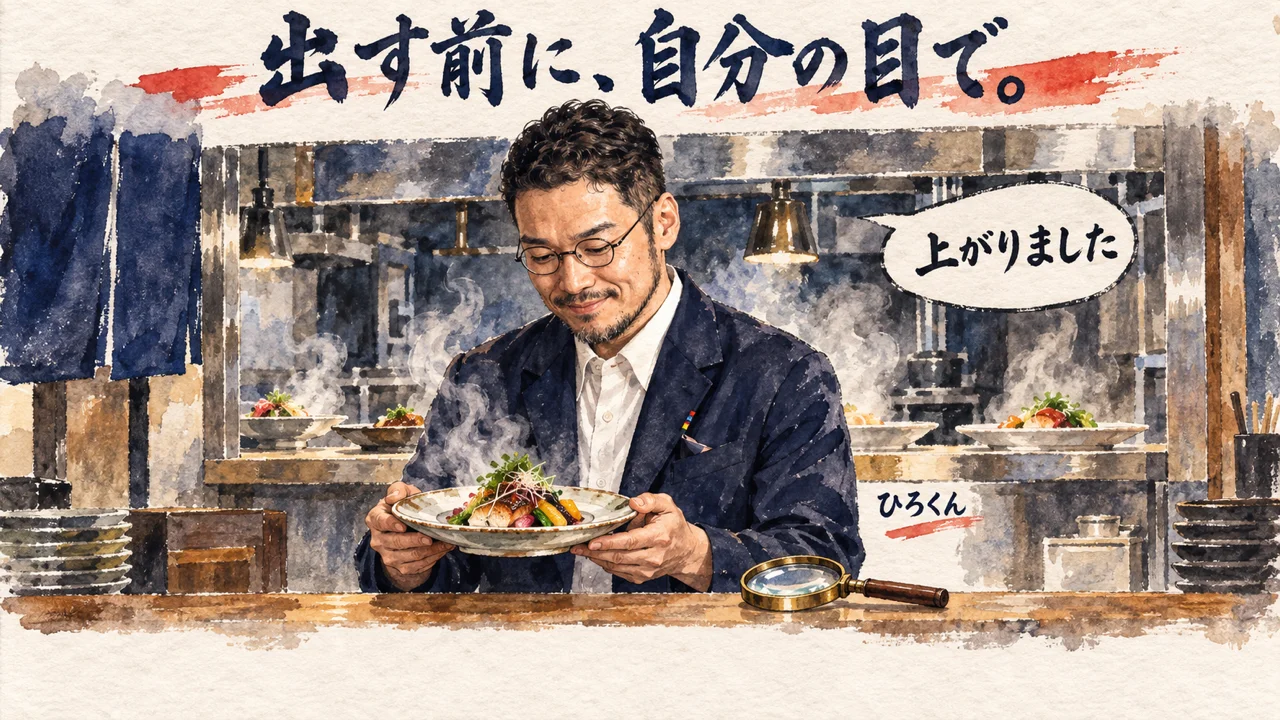 調理場の出し口で、ひろくんが「上がりました」の皿を客席に出す前に目で確かめる図解
