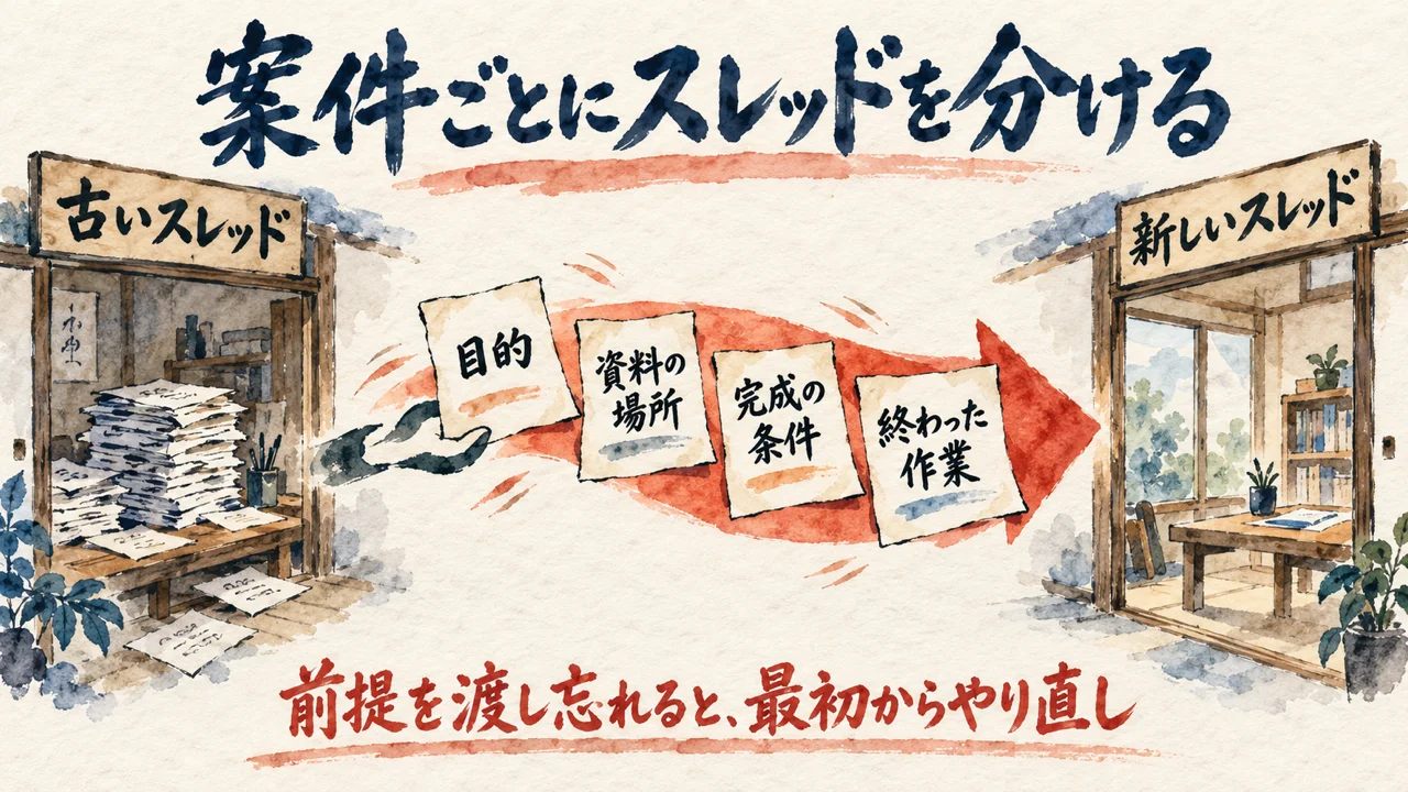 案件ごとにスレッドを分け、目的・資料の場所・完成の条件・終わった作業の4つを新しいスレッドへ渡す図解