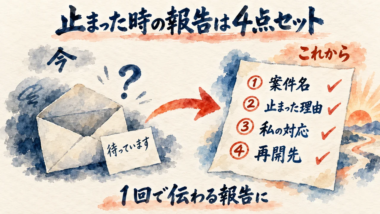 「待っています」だけの報告と、案件名・止まった理由・私の対応・再開先を入れた報告を比べる図解