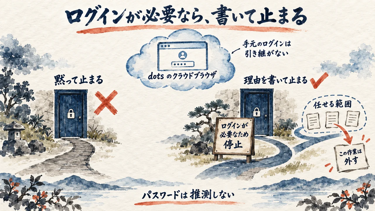 ログイン画面の前で黙って止まる動きと、理由を書いた札を立てて止まる動きを比べる図解
