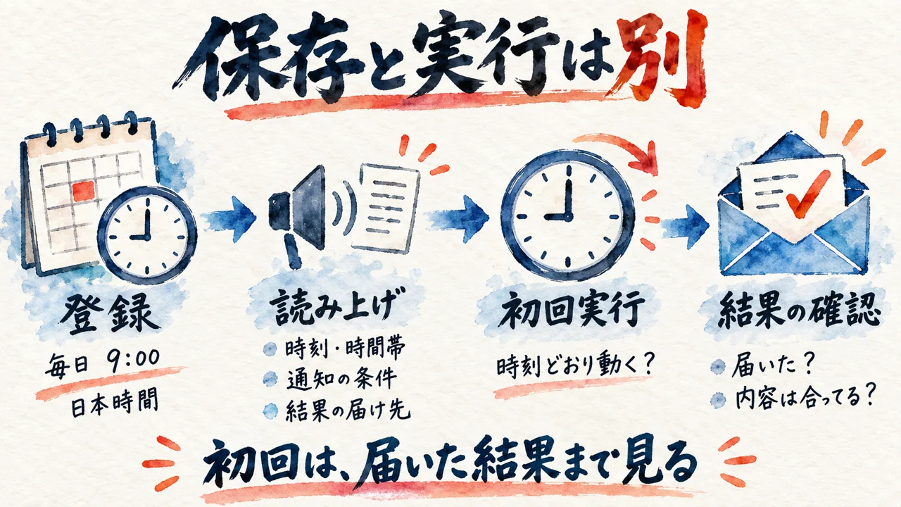 毎日の作業を、時刻・通知・届け先を決めて登録し、初回の実行結果まで確かめる流れの図解