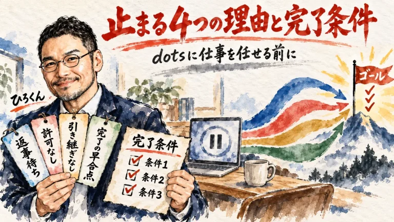 ひろくんが止まった理由の札と完了条件のチェックリストを掲げ、右に4本の分かれ道とゴールの旗が伸びる全体図解