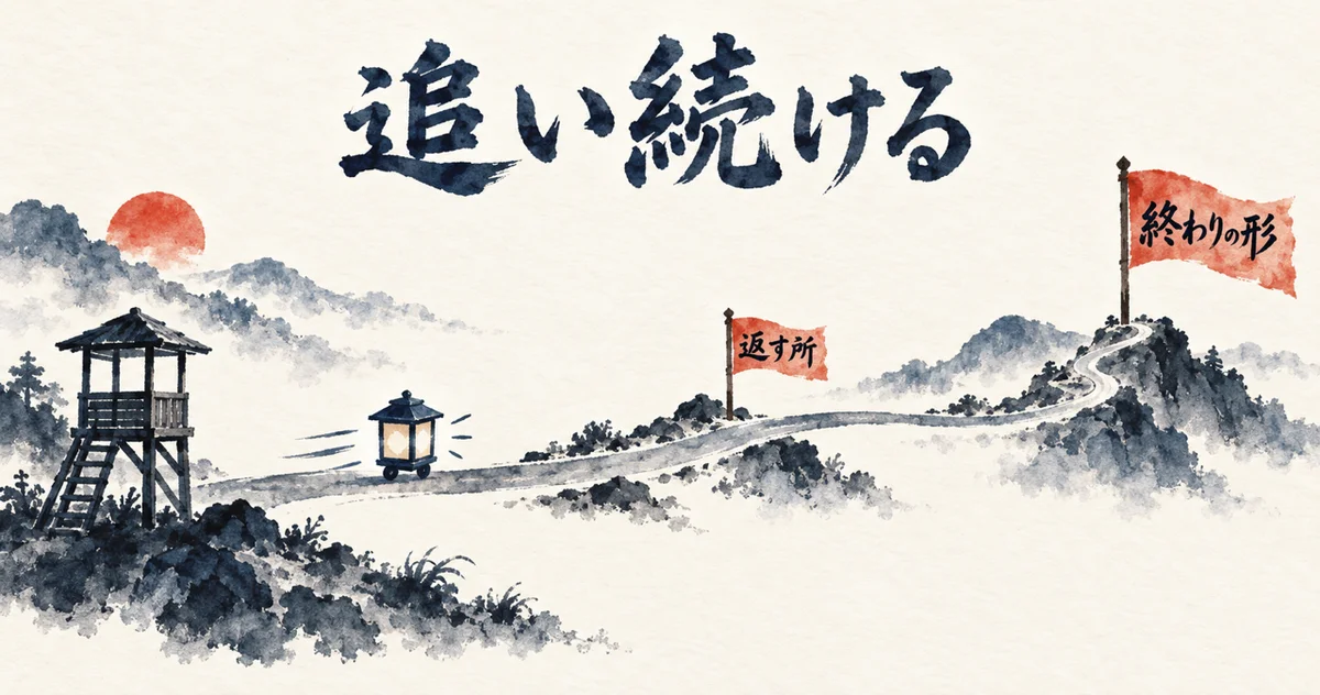 追い続けるのはAIで、道の途中に返す所、終点に終わりの形の旗を置き、見張り台は空にする図解