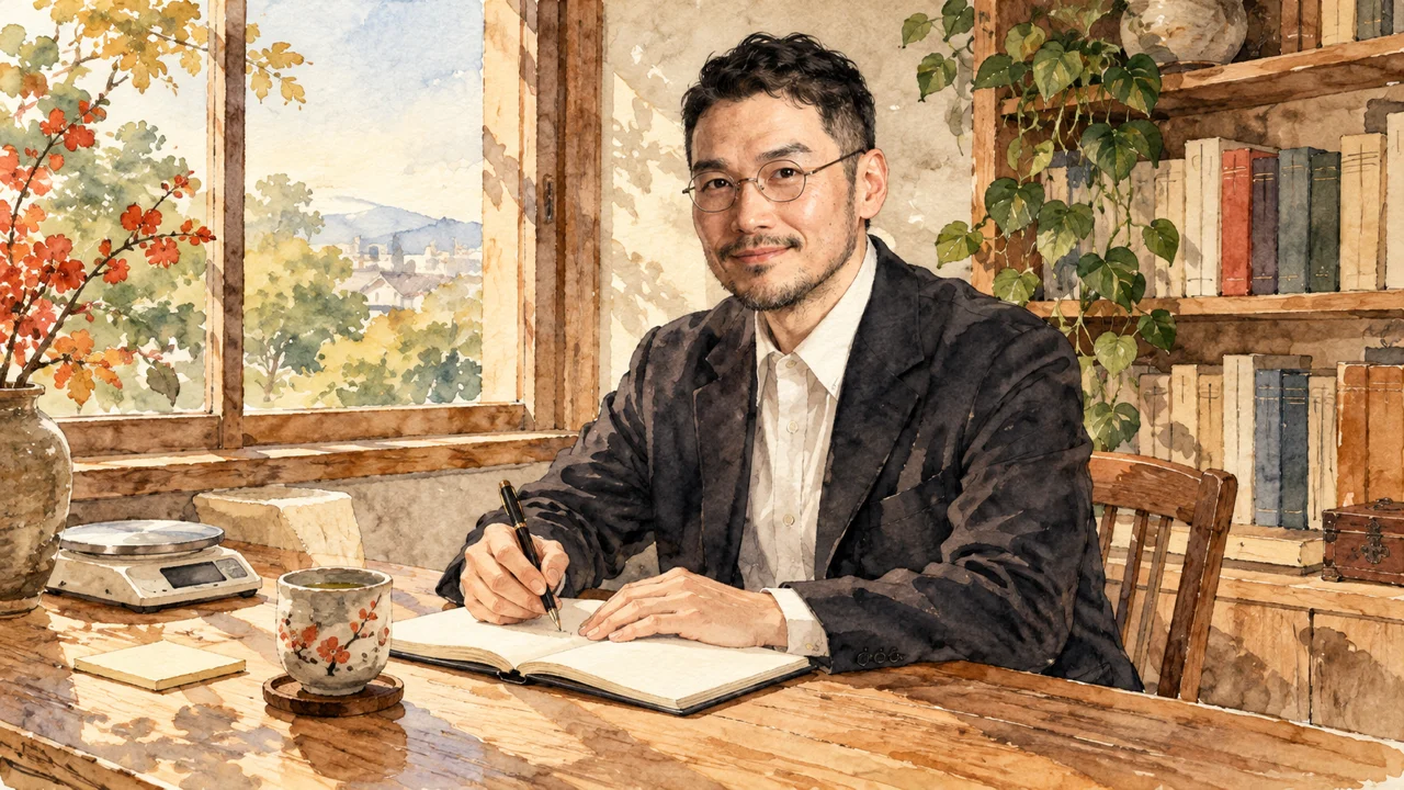 窓辺の机で、ひろくんがノートに数字を1行だけ書き留めているイラスト。机にはキッチンスケールと湯呑みと付箋