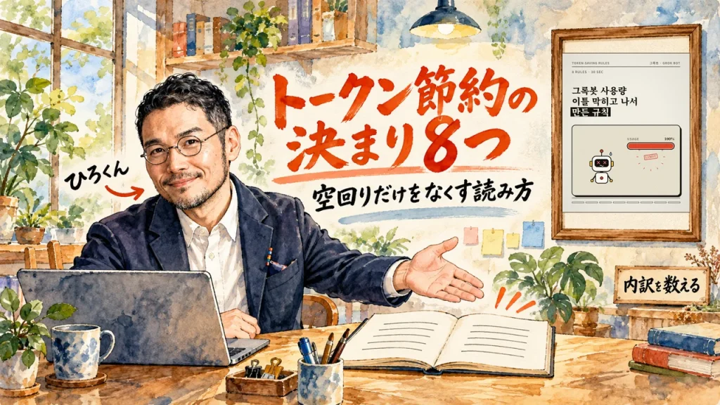 トークン節約の決まり8つ、空回りだけをなくす読み方、というタイトルの水彩イラスト。ひろくんが机のノートPCの前で、開いたノートを手で示している。右上の額縁には、OnewKonewさんのXの動画の1枚目が入っている