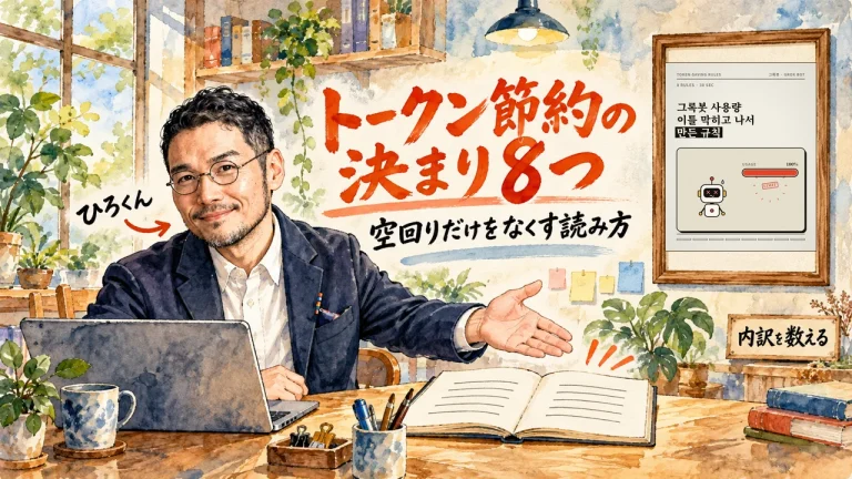 トークン節約の決まり8つ、空回りだけをなくす読み方、というタイトルの水彩イラスト。ひろくんが机のノートPCの前で、開いたノートを手で示している。右上の額縁には、OnewKonewさんのXの動画の1枚目が入っている