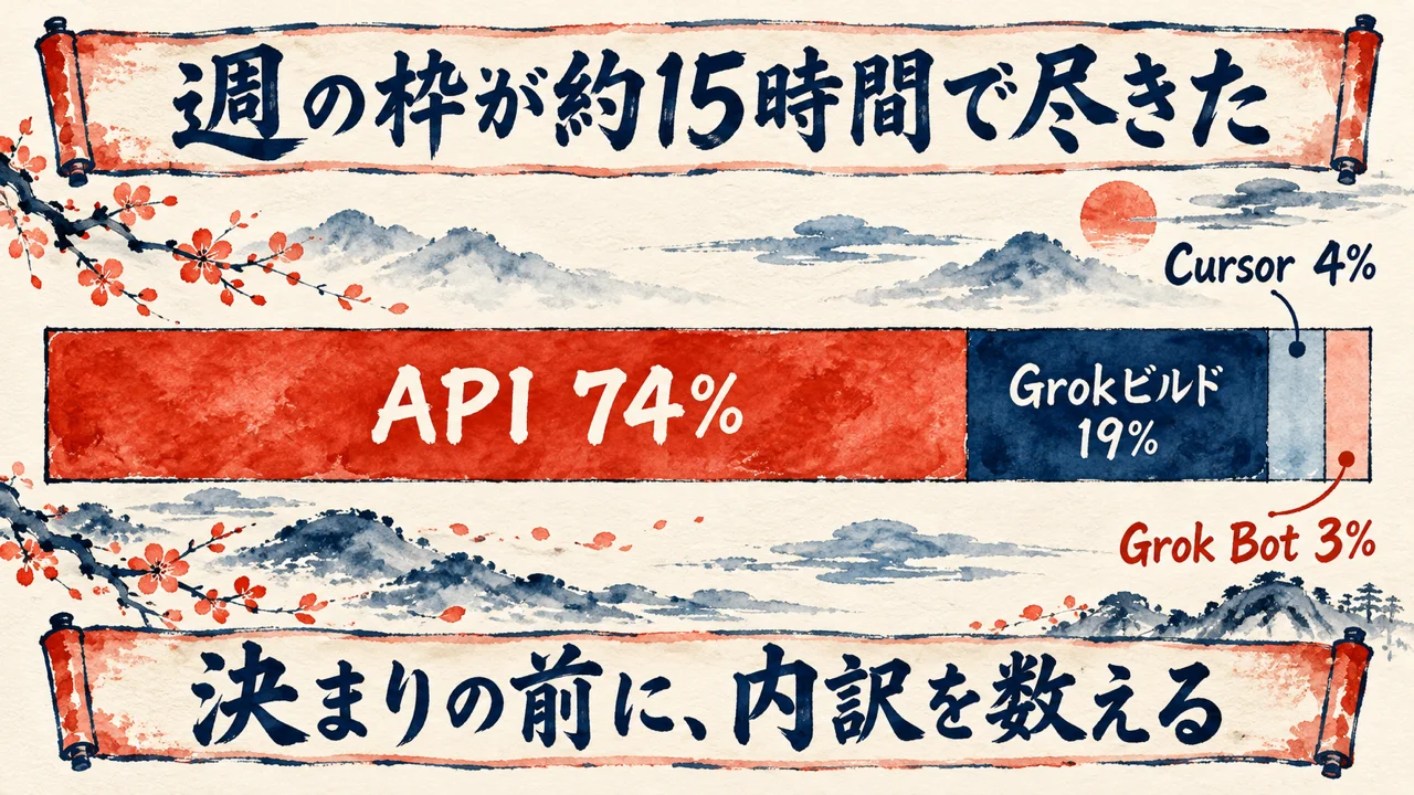 週の枠が約15時間で尽きた日の使用量の内訳の図解。APIが74%、Grokビルドが19%、Cursorが4%、Grok Botが3%。決まりの前に内訳を数える