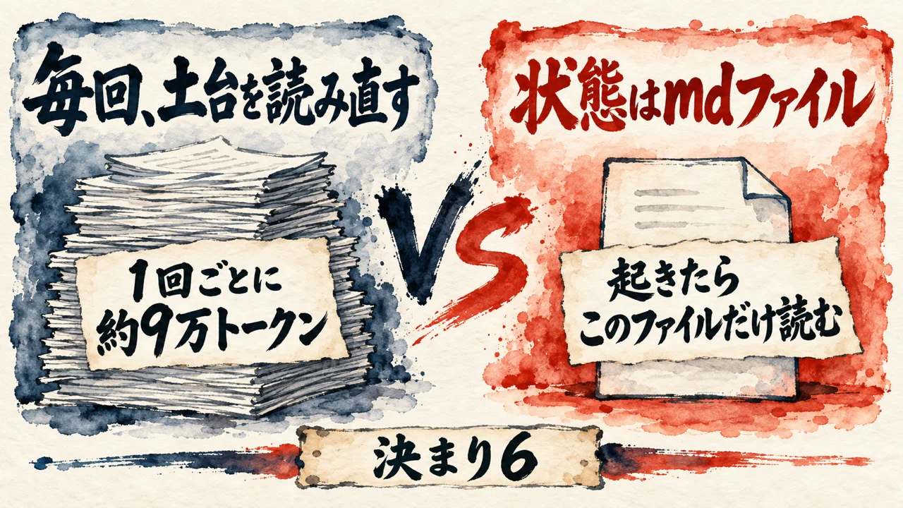 決まり6の図解。毎回土台を読み直すと1回ごとに約9万トークン。状態はmdファイルに置き、起きたらそのファイルだけ読む