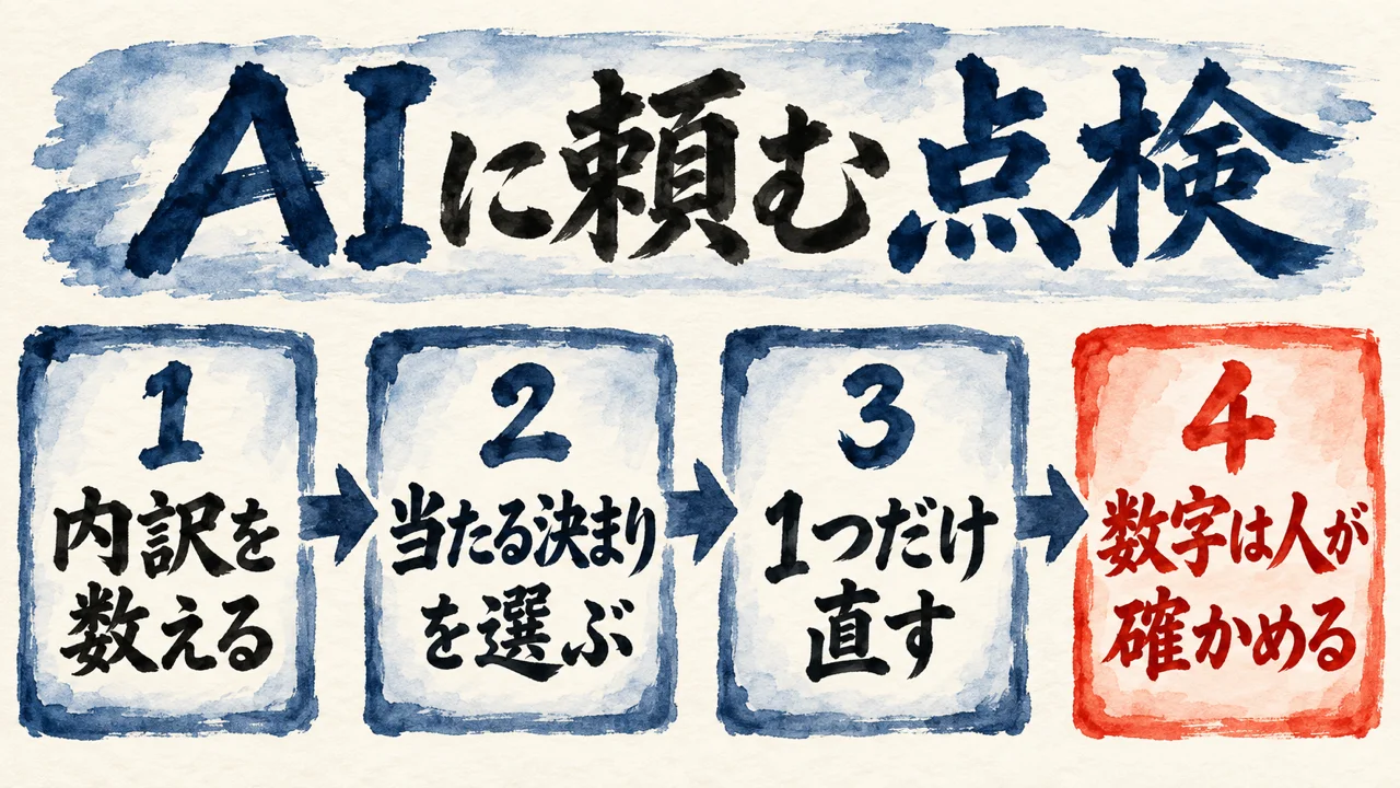 AIに頼む点検の4つの手順の図解。内訳を数える、当たる決まりを選ぶ、1つだけ直す、数字は人が確かめる