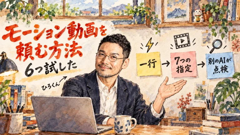 AIにモーション動画を頼む方法を、一行・7つの指定・別のAIの点検の3枚の付箋で紹介するひろくんのアイキャッチ