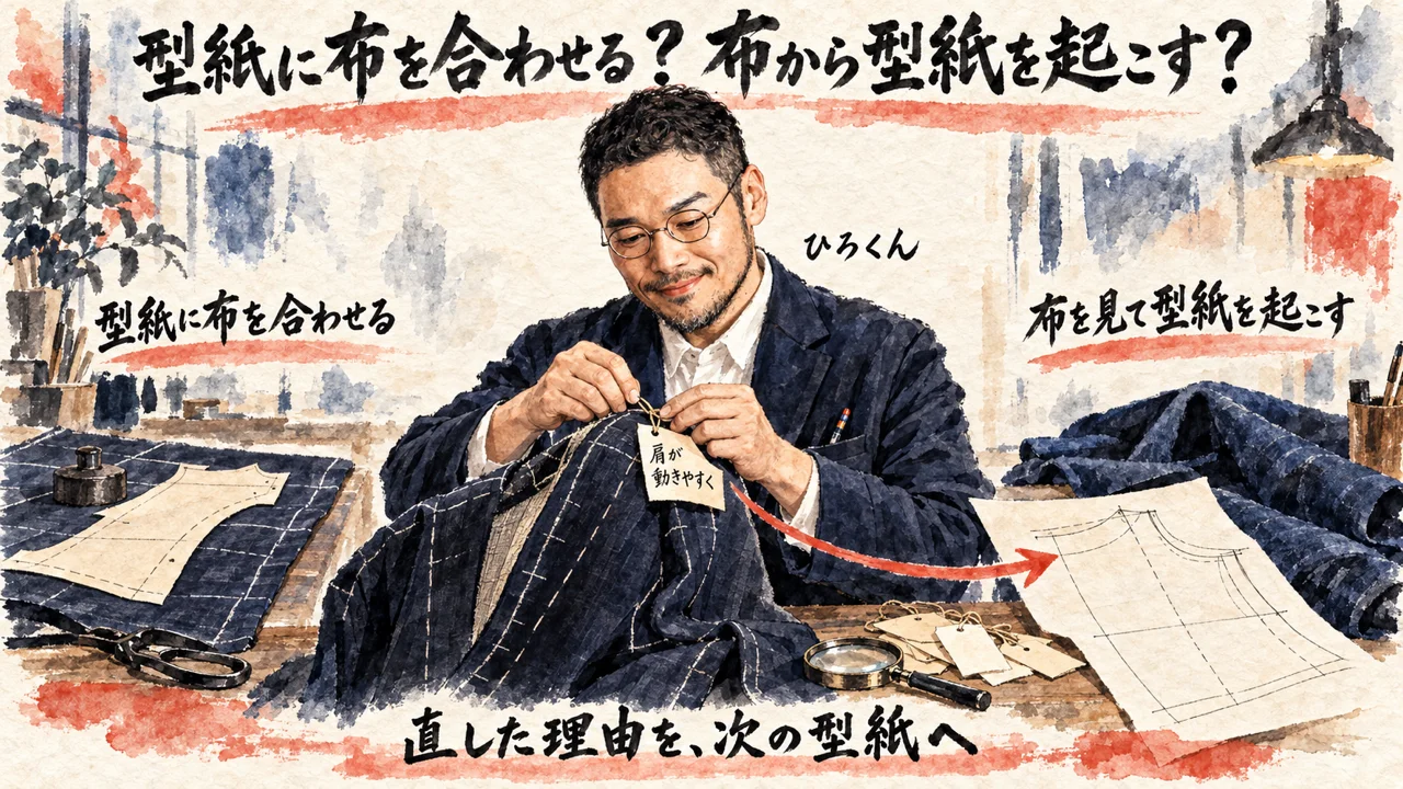 ひろくんが仕立ての作業台で、直した理由を札に書いて次の型紙へ回す様子を描いた図解