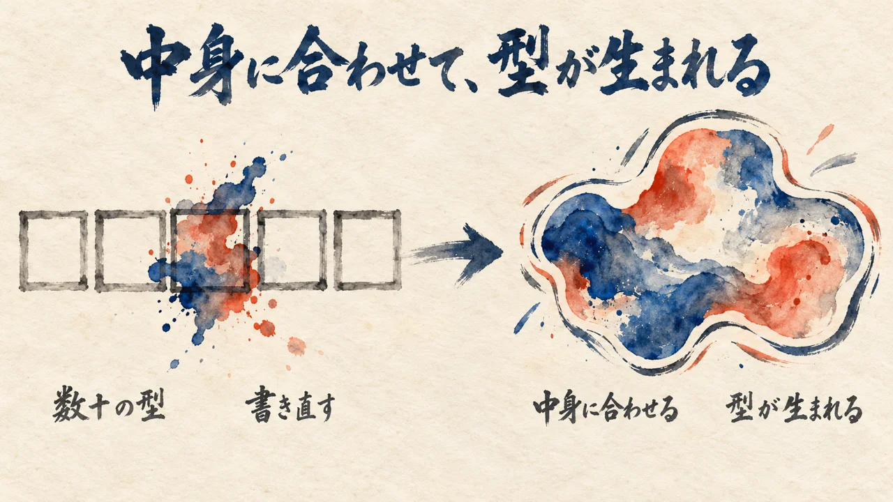 数十の型に中身を書き直して合わせる流れと、中身に合わせて型が生まれる流れを左右で比べる図解