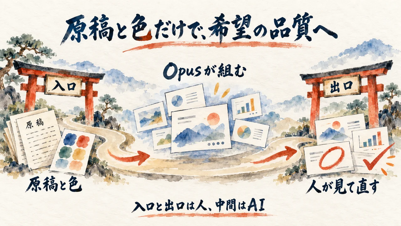 入口の鳥居に原稿と色を置き、中間でOpusがスライドを組み、出口の鳥居で人が見て直す流れの図解