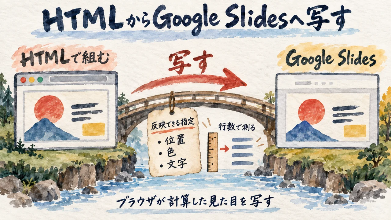 HTMLで組んだスライドを、反映できる指定（位置・色・文字）の橋でGoogle Slidesへ写し、行数で測る図解