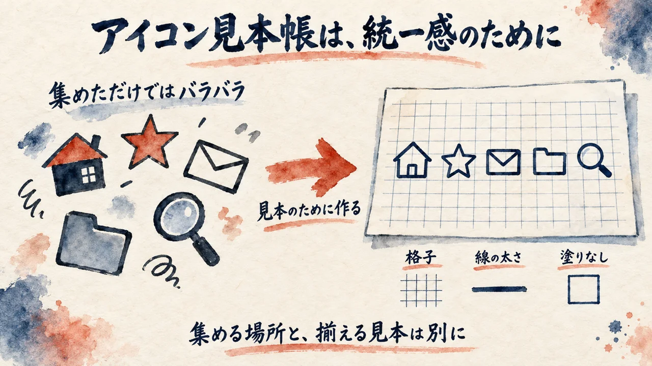 集めただけのバラバラなアイコンと、格子・線の太さ・塗りなしを揃えた見本帳を比べる図解