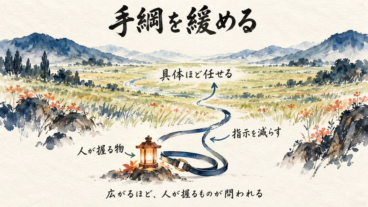 広い野原で手綱を緩めると、人が握るものが問われることを灯りと手綱で示す図解