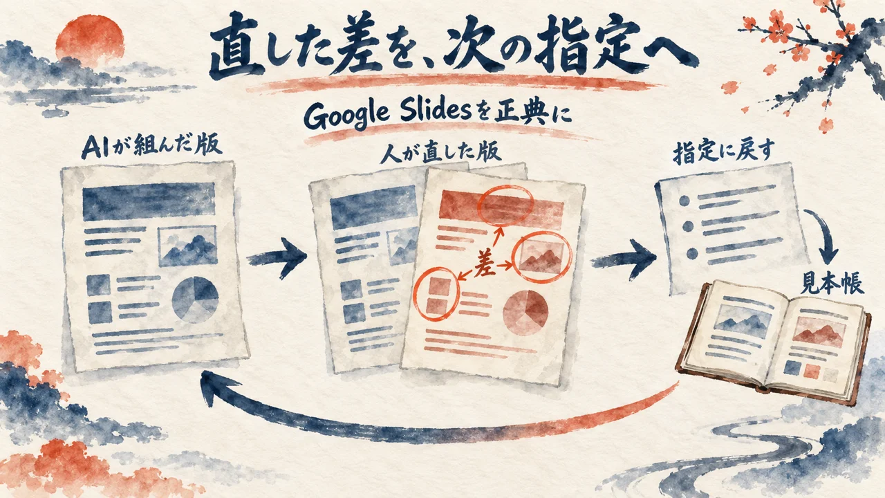 AIが組んだ版と人が直した版の差を取り出し、指定と見本帳に戻して次の生成へ回す循環の図解