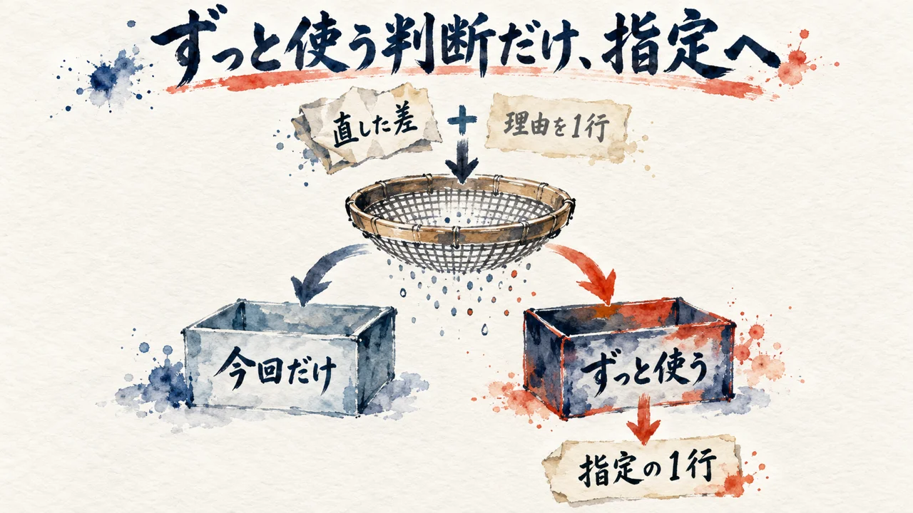 直した差と理由の1行をふるいにかけ、今回だけの箱とずっと使う箱に分け、後者だけを指定の1行にする図解