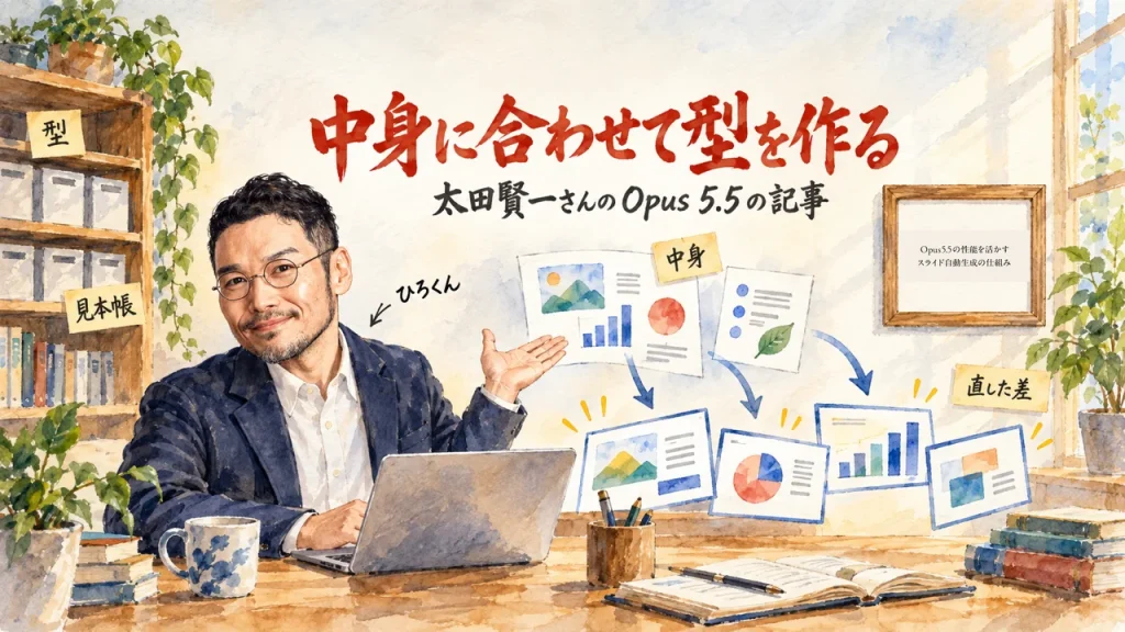 ひろくんが机でノートPCを前に、型の付箋と見本帳の棚を背に、中身に合わせて並ぶスライドを紹介するアイキャッチ。壁の額縁に元記事のカバー画像を飾っている