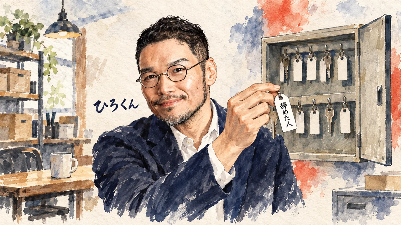 ひろくんが、鍵箱から「辞めた人」の札がついた合鍵を手に取って確かめている図解