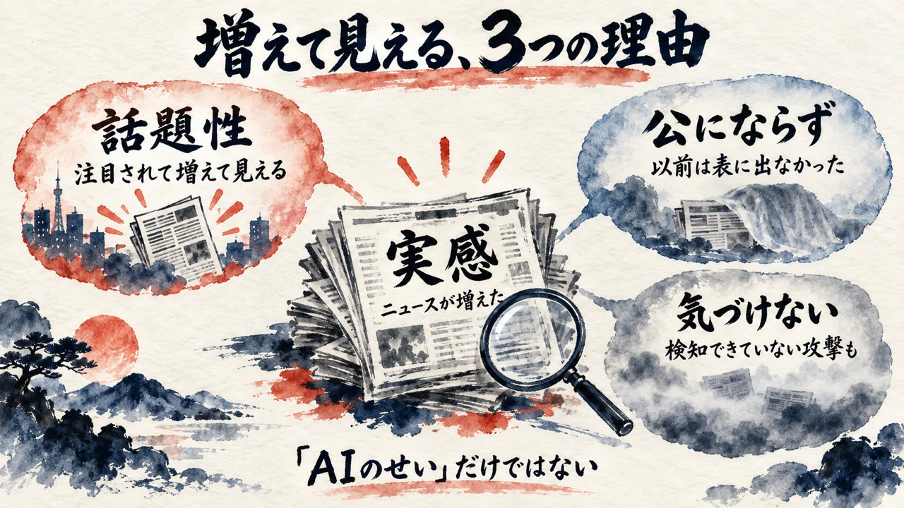 攻撃が増えて見える理由を、実感・話題性・公にならず・気づけないの3つの吹き出しで分ける図解