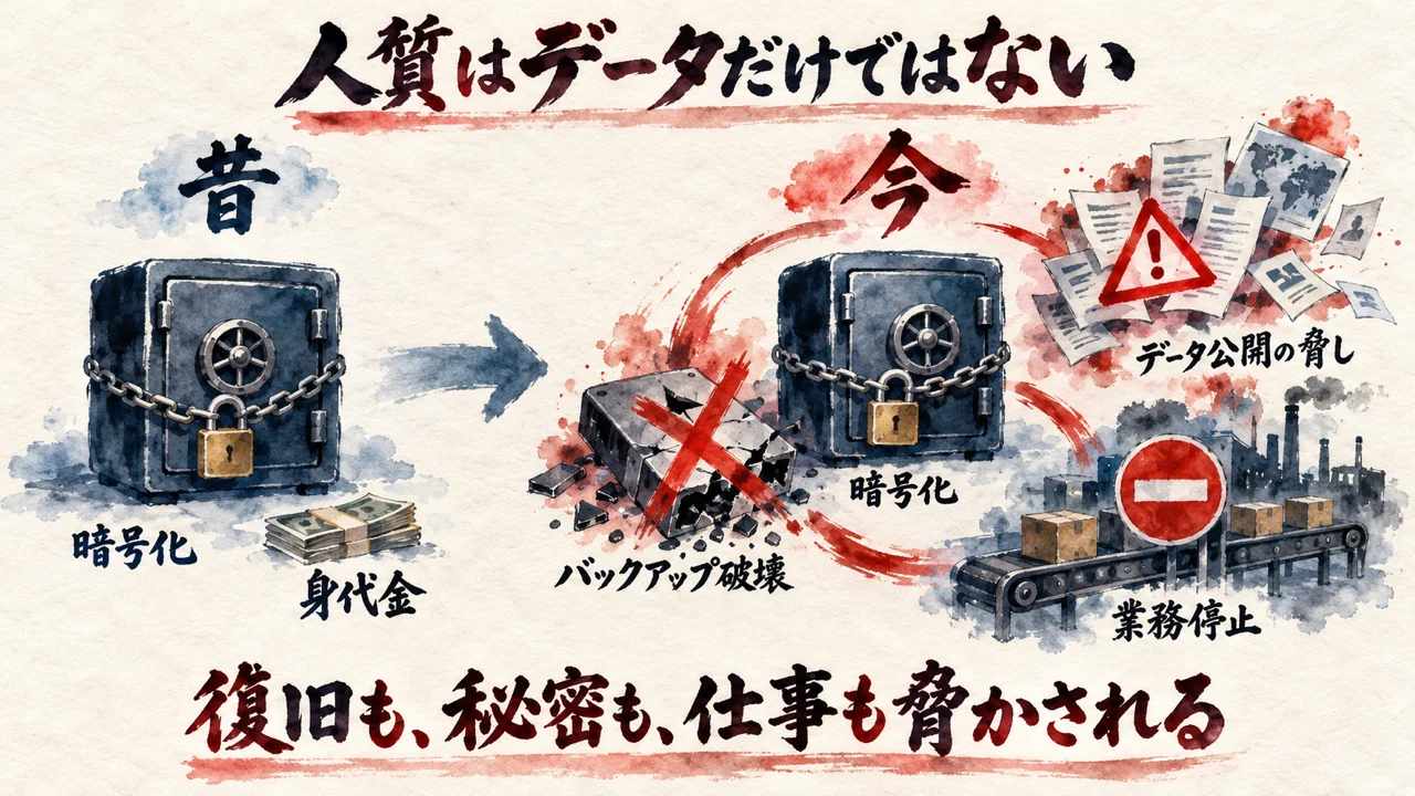 昔は暗号化と身代金だけだった脅しに、バックアップ破壊・データ公開の脅し・業務停止が加わった前後の比較図解