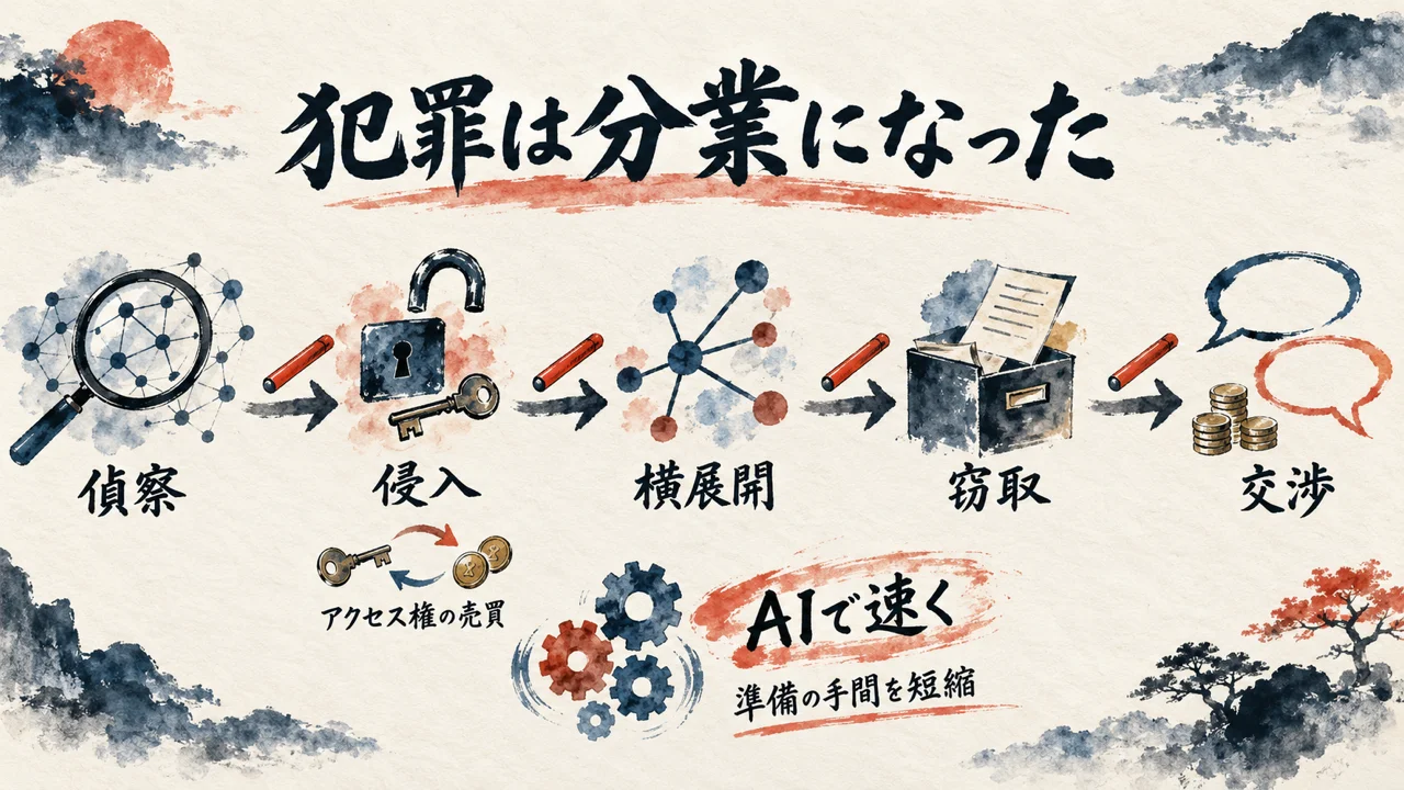 偵察・侵入・横展開・窃取・交渉の5つの役がバトンを渡し、AIが準備の手間を短縮する流れの図解