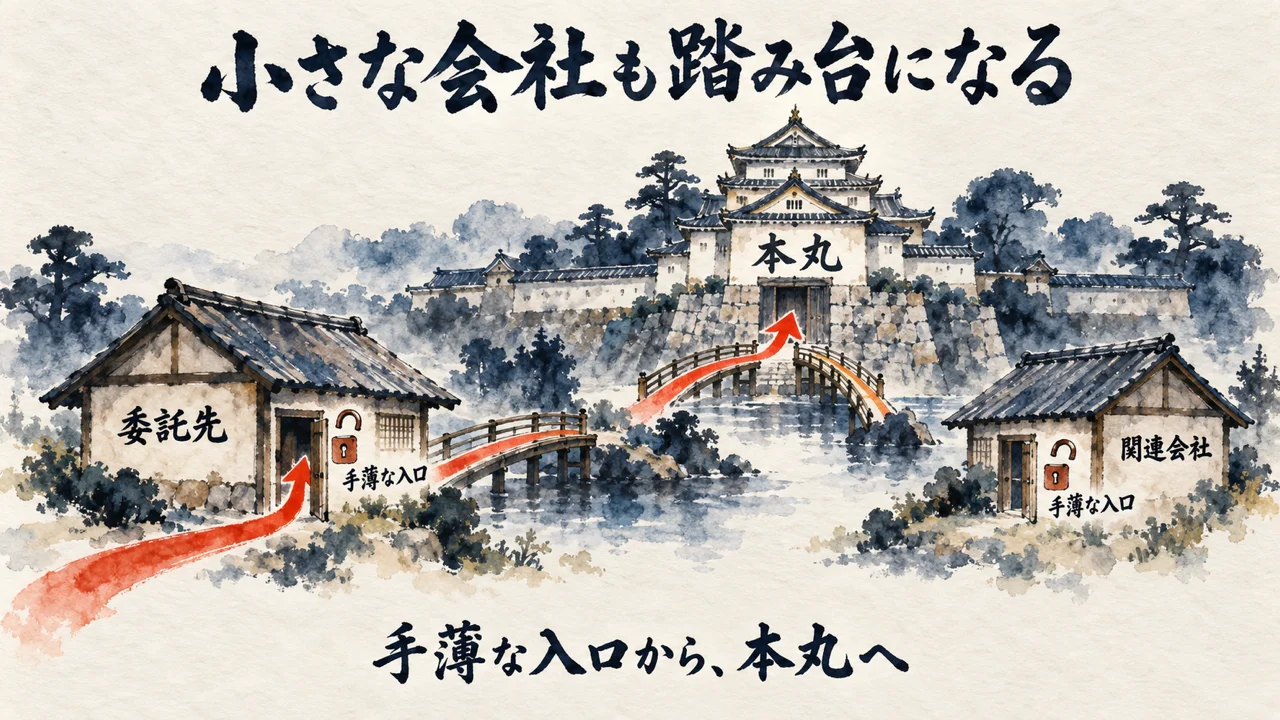 手薄な委託先や関連会社の入口から、橋を渡って本丸へ入る様子を描いた図解