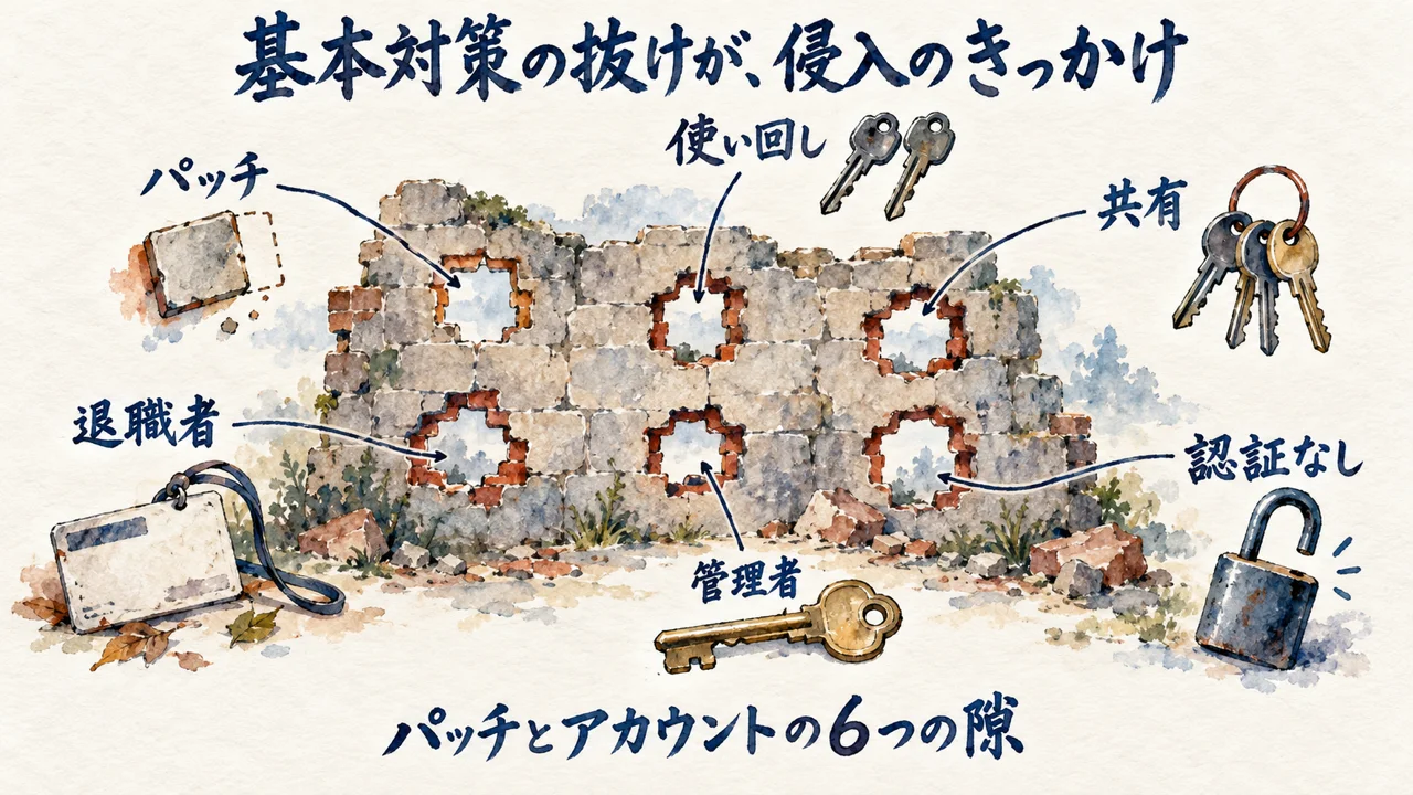 壁に空いた6つの穴（パッチ・使い回し・共有・退職者・管理者・認証なし）で基本対策の抜けを示す図解