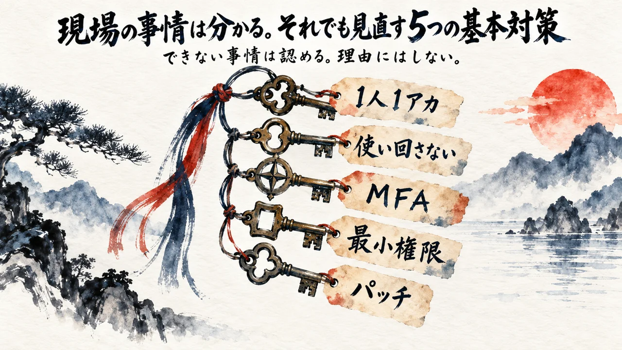 1人1アカ・使い回さない・MFA・最小権限・パッチの5つが、札つきの鍵として並ぶ図解