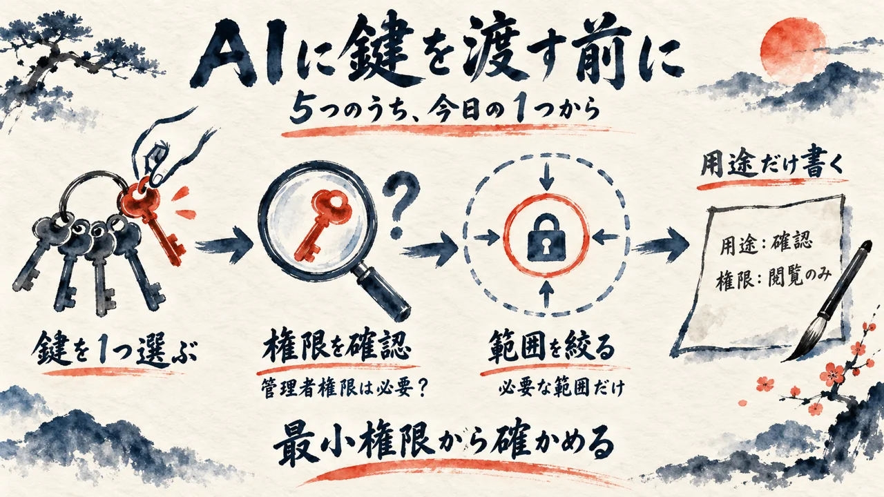 鍵を1つ選び、権限を確認し、範囲を絞り、用途だけ書く流れの図解