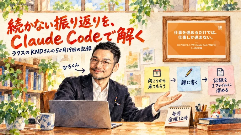 続かない振り返りを、Claude Codeで解く。ラクスのKNDさんの5か月19回の記録を紹介するアイキャッチ。向こうから来てもらう、雑に書く、記録を1ファイルに溜める、の3枚の付箋。右上の額縁に元記事の表紙画像