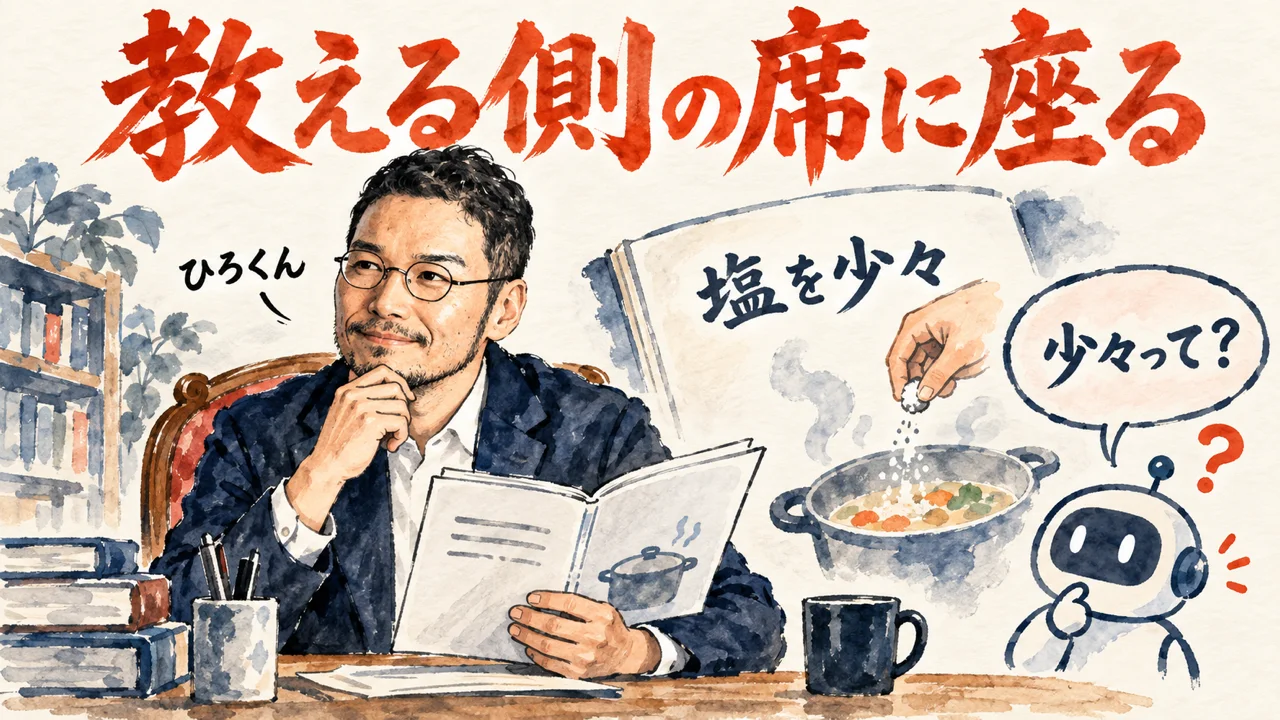 コラム図解: レシピの「塩を少々」を読み返すひろくんと、「少々って？」と聞き返すAIの吹き出し